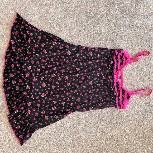 Deadstock Y2K Hot Pink & Black Floral Lace Babydoll Mini Dress Lingerie Top S - Picture 5 of 8